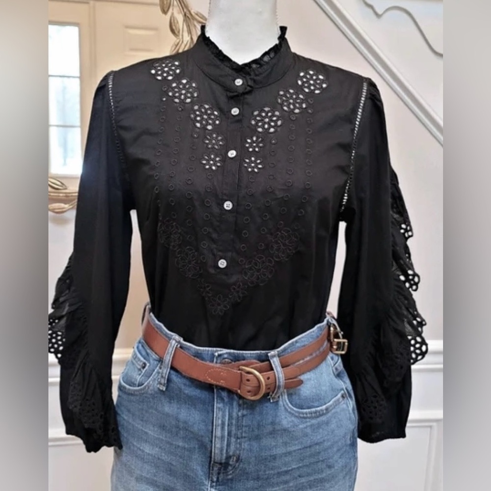 J. Crew Eyelet Peasant Blouse Ruffled Eyelet Long Sleeves in Black Size XS